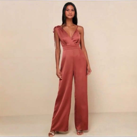 re:named Pants - Renamed Look of Luxe Rust Satin Jumpsuit Wide Leg Size Small